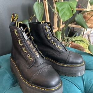 Dr. Martens Black Leather Platform Sinclair Zip Boots with Yellow Stitching